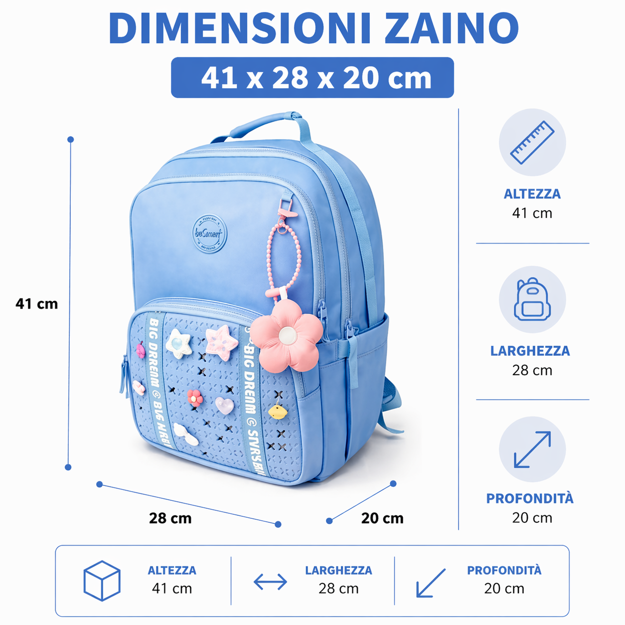Zaino Smarty Pin Azzurro BeSmart 41x28x20 cm | Zaino scuola personalizzabile per cartolerie e rivenditori