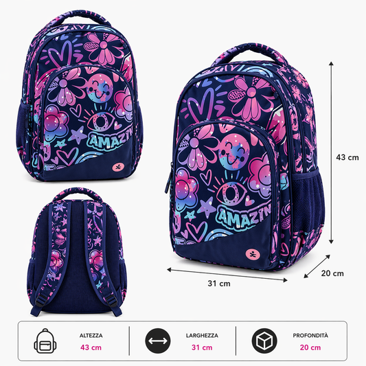 Zaino Premium Organizzato Vibes BeSmart 43x31x20 cm | Zaino scuola capiente per cartolerie