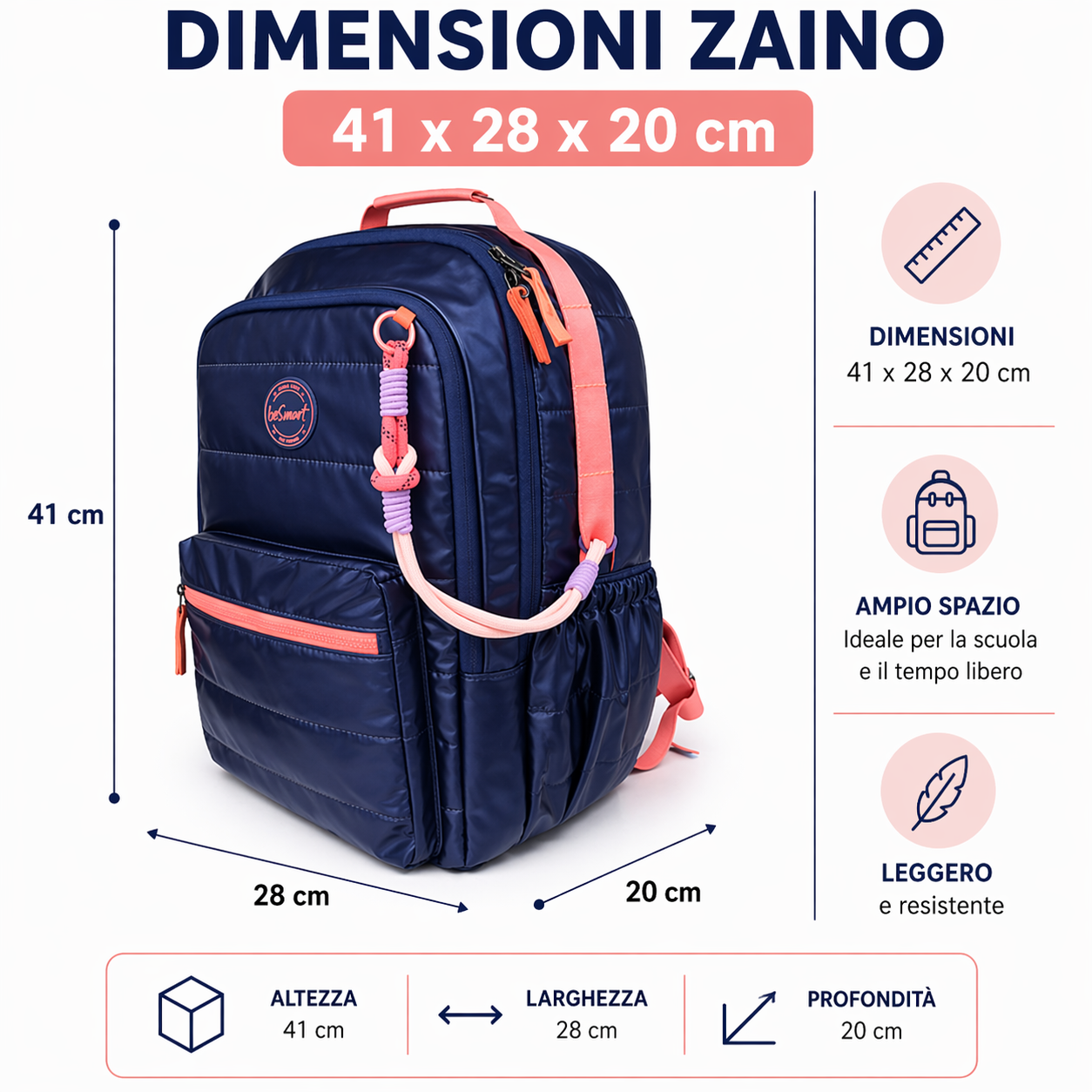 Zaino Softly Blue BeSmart 41x28x20 cm | Zaino scuola leggero per cartolerie e forniture