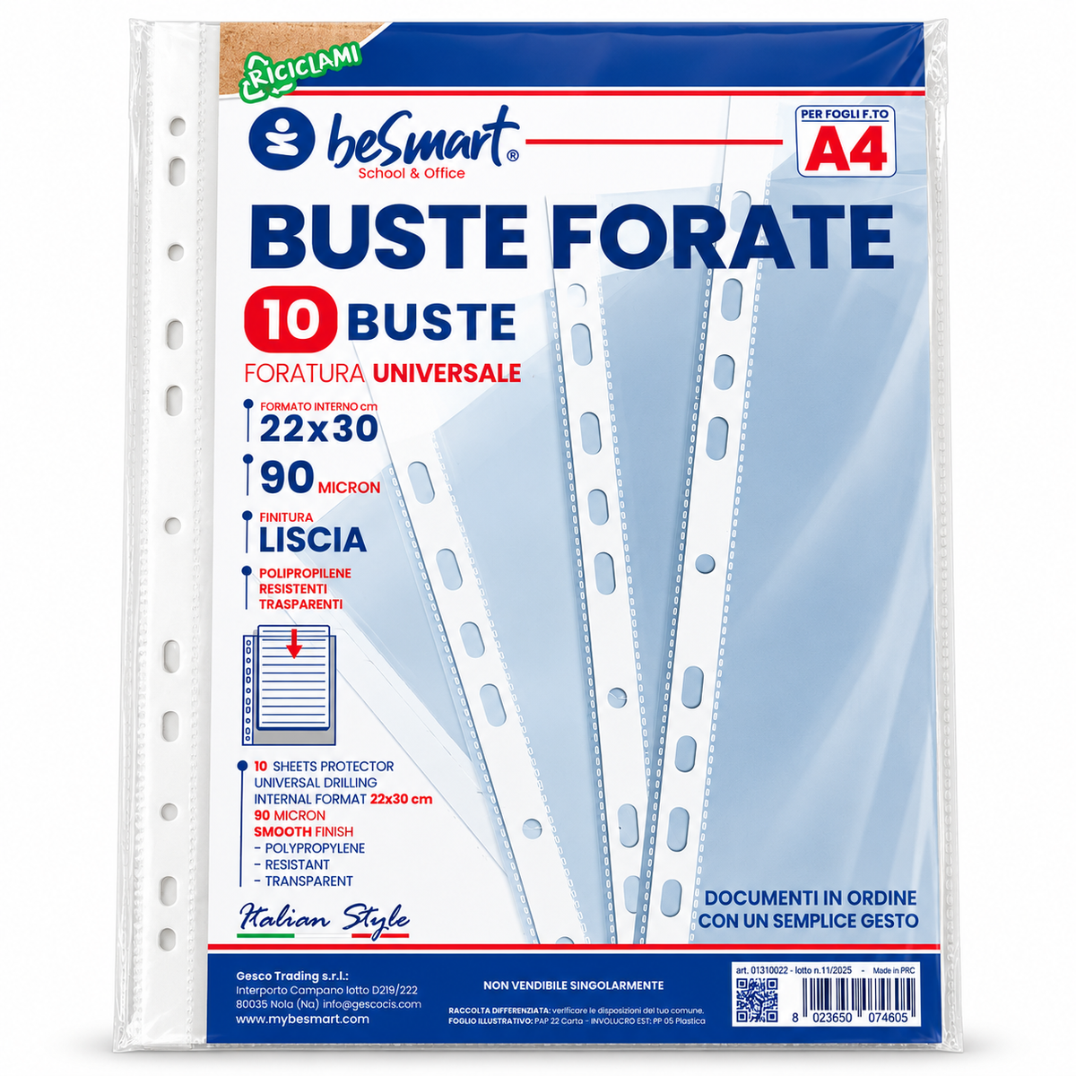 Buste forate lisce A4 90micron cf 10 pezzi Be Smart
