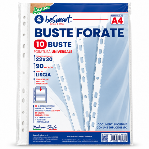 Buste forate lisce A4 90micron cf 10 pezzi Be Smart