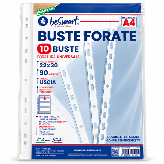 Buste forate lisce A4 90micron cf 10 pezzi Be Smart