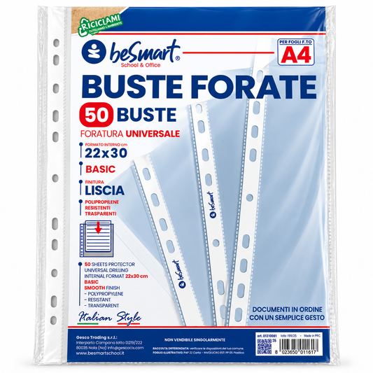 Buste forate basic lisce A4 cf 50 pezzi Be Smart
