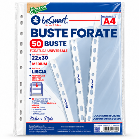 Buste forate medium lisce A4 cf 50 pezzi Be Smart
