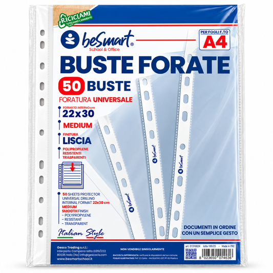 Buste forate medium lisce A4 cf 50 pezzi Be Smart