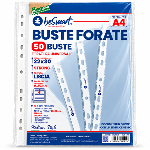 Buste forate superior lisce A4 cf 50 pezzi Be Smart