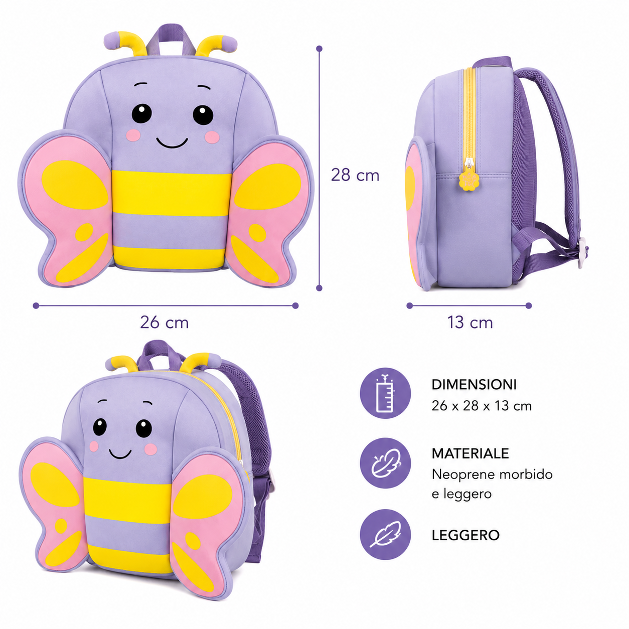 Zaino Asilo Farfalla BeSmart Kids Neoprene 26x28x13 cm | Zainetto bambini assortito per cartolerie