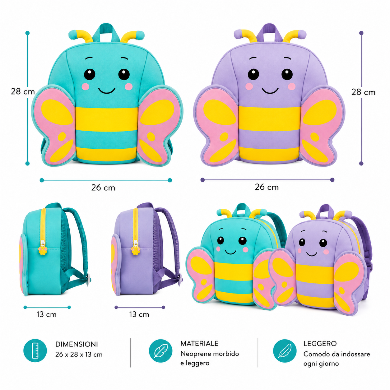 Zaino Asilo Farfalla BeSmart Kids Neoprene 26x28x13 cm | Zainetto bambini assortito per cartolerie