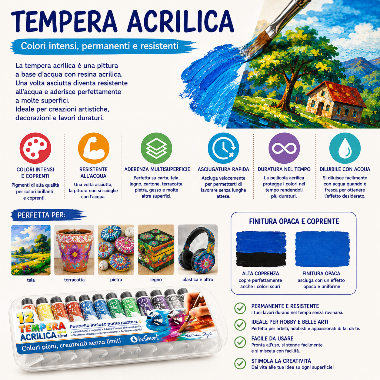 Box 12 tubi tempera acrilica 10 ml Be Smart