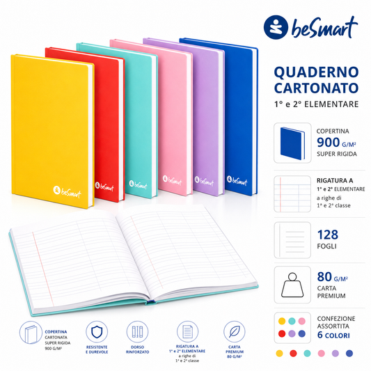 Quaderno Maxi Cartonato A4 Rig A Colours BeSmart 128 Fogli | Quaderno a quadretti grandi per cartolerie