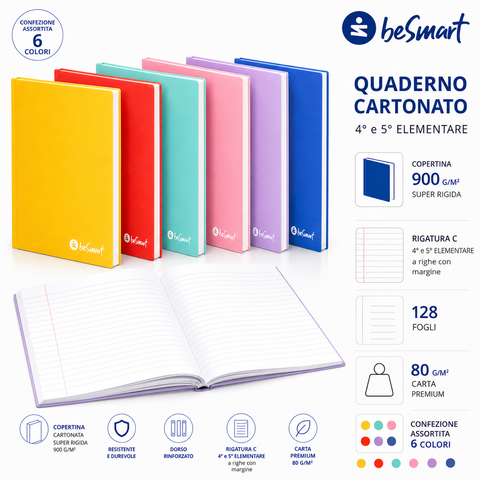 Maxi Cardboard Notebook A4 Ruled C Colours BeSmart 128 Sheets | Squared notebook for stationers