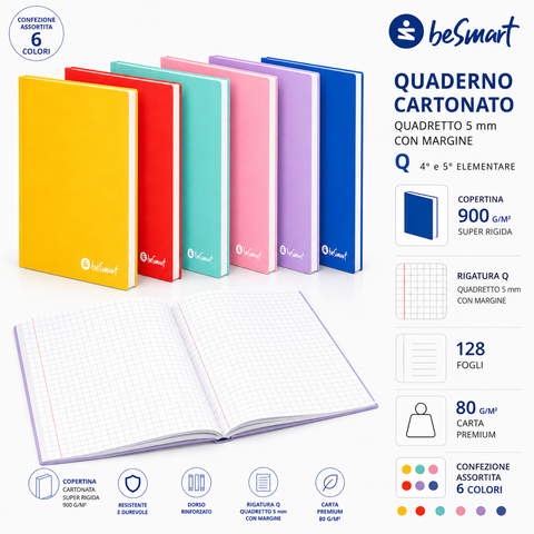 Maxi A4 Hardcover Lined Notebook Q Colours BeSmart 128 Sheets | Squared notebook for stationers