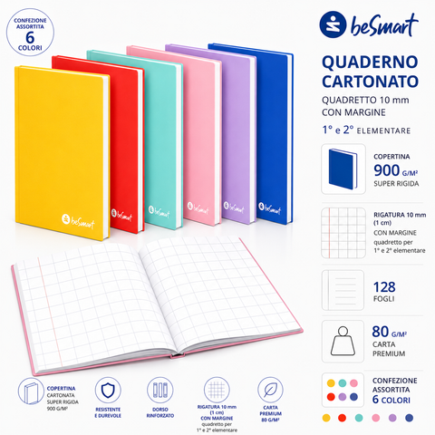 Maxi Hardcover Notebook A4 10mm Colours BeSmart 128 Sheets | Squared notebook for stationers