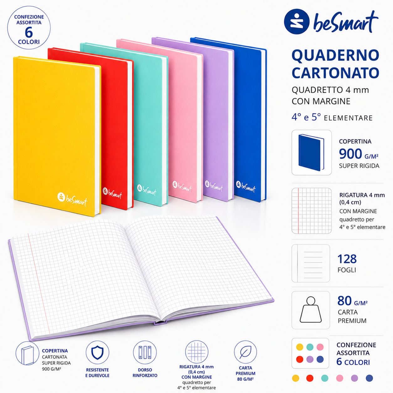 Quaderno Maxi Cartonato A4 4mm Colours BeSmart 128 Fogli | Quaderno a quadretti per cartolerie