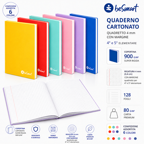 Maxi Hardcover Notebook A4 4mm Colours BeSmart 128 Sheets | Squared notebook for stationers