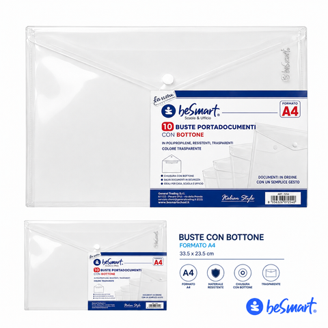 Buste portadocumenti A4 cf 10 pezzi con bottone trasparenti Be Smart