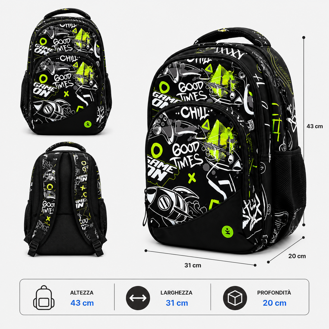 Zaino Premium Organizzato Game On BeSmart 43x31x20 cm | Zaino scuola capiente per cartolerie
