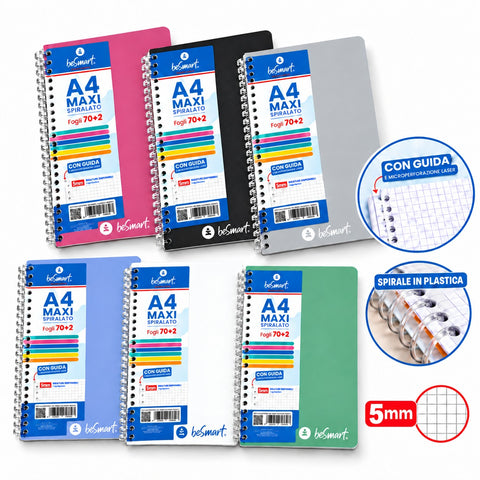 Quaderno Spiralato Maxi A4 5mm Cromia BeSmart 70 Fogli | Quaderno a quadretti per cartolerie