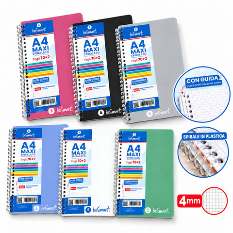 Quaderno Spiralato Maxi A4 4mm Cromia BeSmart 70 Fogli | Quaderno a quadretti per cartolerie