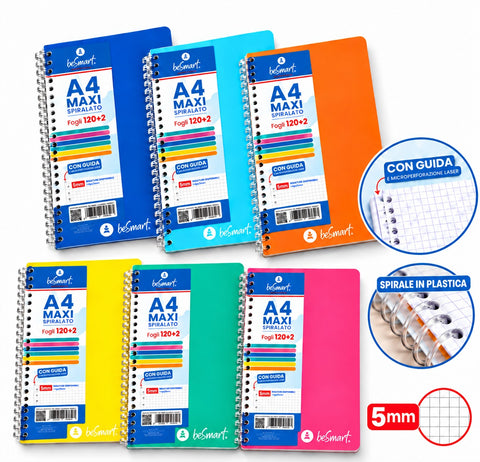 Quaderno Spiralato Maxi A4 5mm Lumia BeSmart 120 Fogli | Quaderno a quadretti per cartolerie