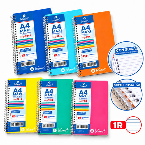 Quaderno Spiralato Maxi A4 1R Lumia BeSmart 70 Fogli | Quaderno a righe per cartolerie