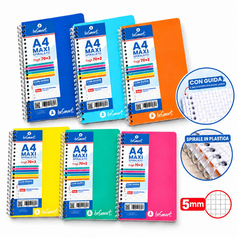 Quaderno Spiralato Maxi A4 5mm Lumia BeSmart 70 Fogli | Quaderno a quadretti per cartolerie