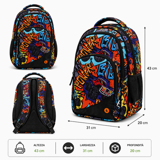 Zaino Premium Organizzato Monster Car BeSmart 43x31x20 cm | Zaino scuola capiente per cartolerie