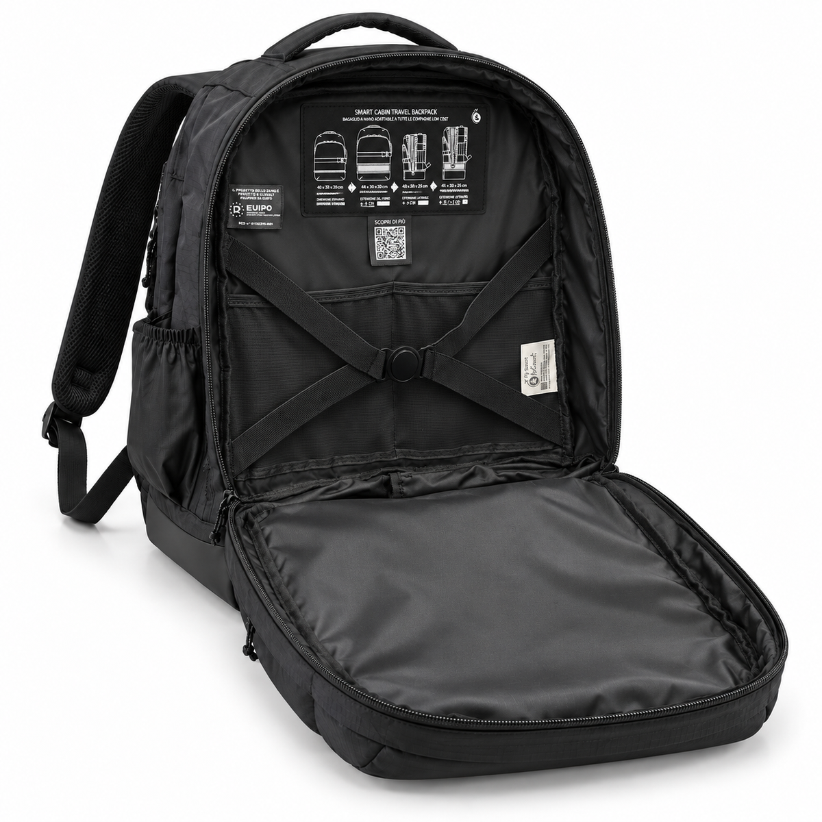Fly Smart Nero - interno aperto con tasche in rete, fibbia rotonda ed etichette originali
